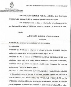 Carta expulsando de Argentina a un extranjero.