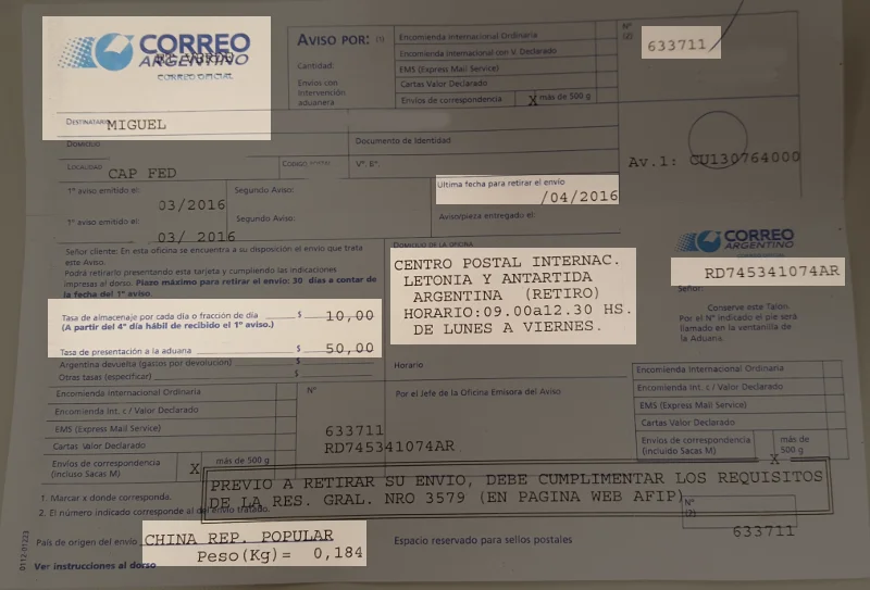 Aviso Correo Argentino por compra en el Exterior