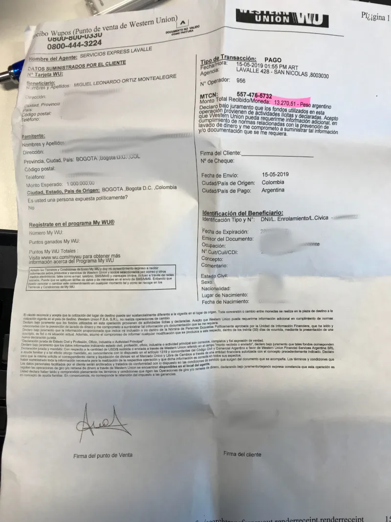 Recibo de la transacción en Western Union